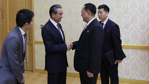 Chinese State Councilor and Foreign Minister Wang Yi (L) shakes hands with DPRK's Foreign Minister Ri Yong Ho (R) in Pyongyang, DPRK, September 2, 2019. /Photo via Chinese Foreign Ministry