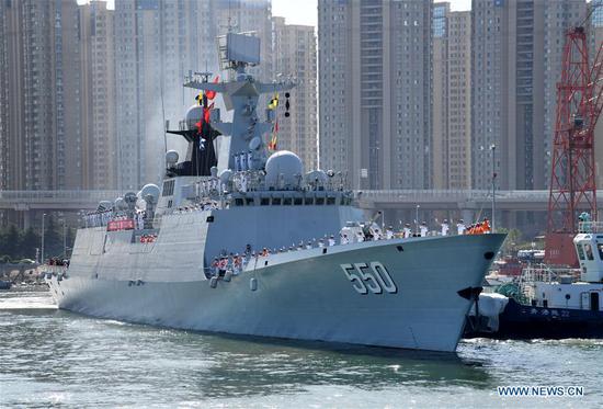 Frigate Weifang leaves from a port in Qingdao, east China's Shandong Province, Aug. 29, 2019. The 33rd fleet from the Chinese People's Liberation Army (PLA) Navy on Thursday left the port city of Qingdao in east China's Shandong Province for the Gulf of Aden to escort civilian ships. (Xinhua/Li Ziheng)