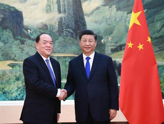 Chinese President Xi Jinping meets with Ho Iat Seng, the newly elected and appointed chief executive of the Macao Special Administrative Region, at the Great Hall of the People in Beijing, capital of China, Sept. 11, 2019. (Xinhua/Xie Huanchi)