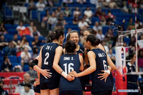 Players of China celebrate during the Round Robin match between China and Russia at the 2019 FIVB Women's World Cup in Yokohama, Japan, Sept. 16, 2019. (Xinhua/Zhu Wei)