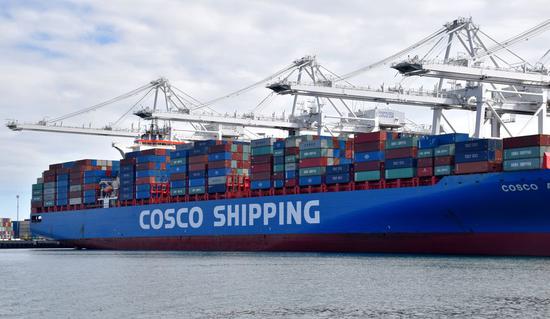 Containers of China COSCO Shipping Corporation Limited are seen at the Port of Long Beach, Los Angeles County, the United States, on Feb. 27, 2019. The Port of Long Beach, the second busiest port in the United States, expects positive progress from the U.S.-China trade talks, and hopes to further enhance trade links with China, said port executive director Mario Cordero. (Xinhua/Li Ying)