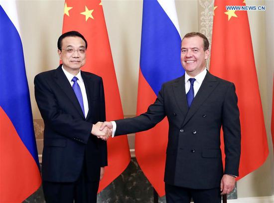 Chinese Premier Li Keqiang and his Russian counterpart Dmitry Medvedev co-chair the 24th regular meeting between Chinese and Russian heads of government in St. Petersburg, Russia, Sept. 17, 2019. (Xinhua/Ding Lin)