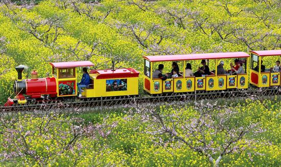 A sightseeing train carries visitors around Lujiacun village in Anji, Zhejiang province. (Photo by Fang Li/For chinadaily.com.cn)