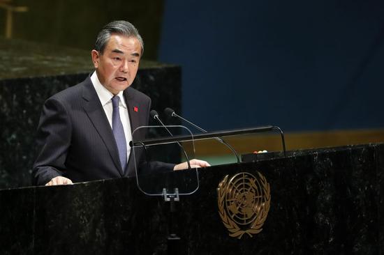 Chinese State Councilor and Foreign Minister Wang Yi addresses the General Debate of the 74th session of the UN General Assembly at the UN headquarters in New York, on Sept. 27, 2019. (Xinhua/Li Muzi)