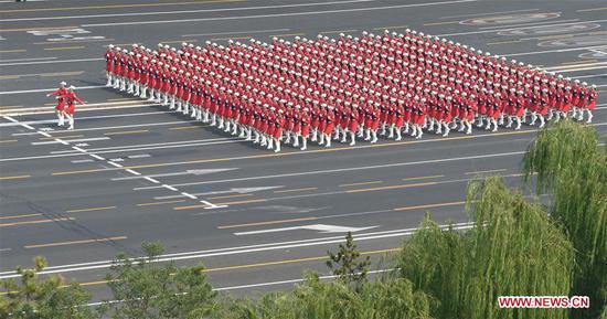 A women militia formation receive inspection during a military parade celebrating the 70th founding anniversary of the People's Republic of China (PRC) in Beijing, capital of China, Oct. 1, 2019. (Xinhua/Wang Jianwei)