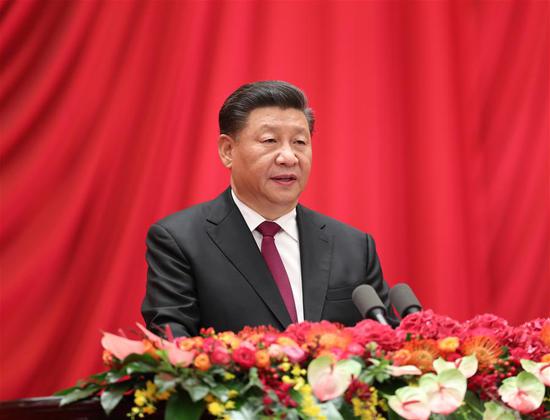 Chinese President Xi Jinping, also general secretary of the Communist Party of China (CPC) Central Committee and chairman of the Central Military Commission, delivers an important speech at a reception to celebrate the 70th anniversary of the founding of the People's Republic of China (PRC) at the Great Hall of the People in Beijing, capital of China, Sept. 30, 2019. (Xinhua/Huang Jingwen)