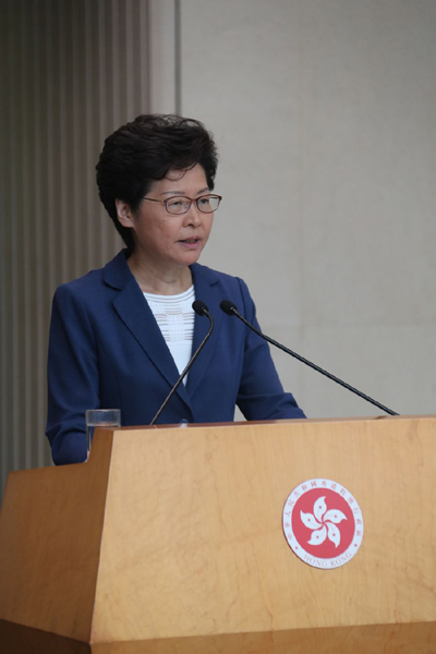 HKSAR Chief Executive Carrie Lam speaks at a media briefing in Hong Kong, south China, Oct. 8, 2019 (Xinhua)