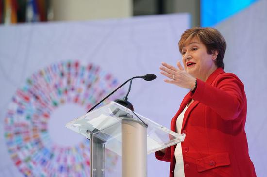 Kristalina Georgieva, new chief of the International Monetary Fund (IMF), delivers a speech in Washington D.C., the United States, on Oct. 8, 2019. (Xinhua/Liu Jie)