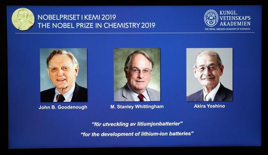 Information of the laureates are displayed at the announcement of the 2019 Nobel Prize in Chemistry at the Royal Swedish Academy of Sciences in Stockholm, Sweden, Oct. 9, 2019.(Xinhua/Zheng Huansong)