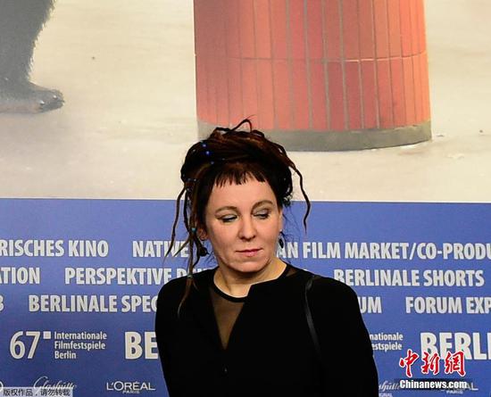 n this file photo taken on February 12, 2017 Polish author Olga Tokarczuk attends the press conference for the film 