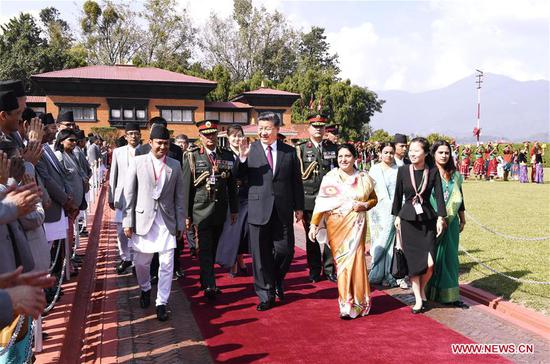 Nepali President Bidya Devi Bhandari hosts a grand farewell ceremony for Chinese President Xi Jinping at the airport in Kathmandu, Nepal, Oct. 13, 2019.  (Xinhua/Gao Jie)