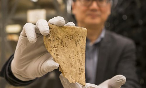 Dr. Shen Chen, Vice President of Royal Ontario Museum (ROM), shows an oracle bone with scripts at ROM in Toronto, Canada, Dec. 1, 2017. China's oracle bone scripts, an ancient type of Chinese characters inscribed on animal bones or turtle shells, entered the UN Educational, Scientific and Cultural Organization (UNESCO) Memory of the World Register on Oct. 31 this year. (Photo/Xinhua)