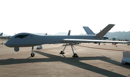 Wing Loong I drone is displayed at an air show in Zhuhai, Guangdong Province. (Photo by Chen Haoqing/For China Daily)