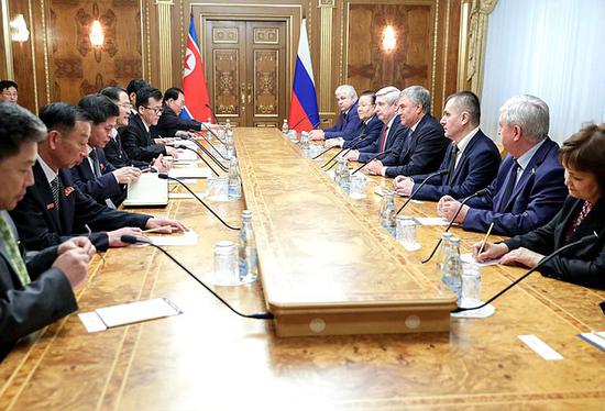 Russian State Duma Speaker Vyacheslav Volodin holds talks with Chairman of the Supreme People's Assembly Pak Thae Song in Moscow, Russia on October 22, 2019. (Photo by Russian State Duma)