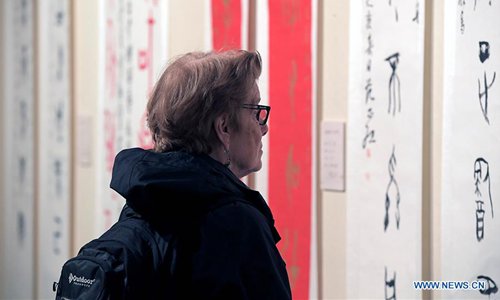 A visitor views oracle bone inscription exhibits during an exhibition held at National Museum of Chinese Writing in Anyang, central China's Henan Province, Oct. 18, 2019. (Photo:Xinhua)

