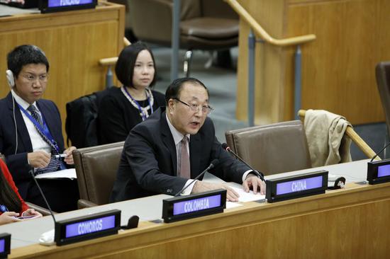 Chinese permanent representative to the United Nations Zhang Jun (front) addresses the UN General Assembly's Third Committee, also known as the Social, Humanitarian, and Cultural Committee, at the UN headquarters in New York, Oct. 22, 2019. (Xinhua/Li Muzi)