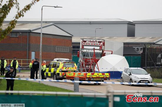 Police activity at the Waterglade Industrial Park in Grays, Essex, after 39 bodies were found inside a lorry container on the industrial estate, Oct. 23, 2019. (Photo/Agencies)