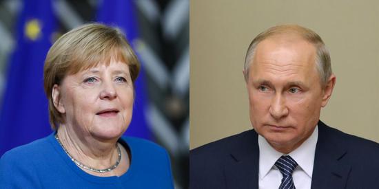 Xinhua file photos of Russian President Vladimir Putin (R) and German Chancellor Angela Merkel