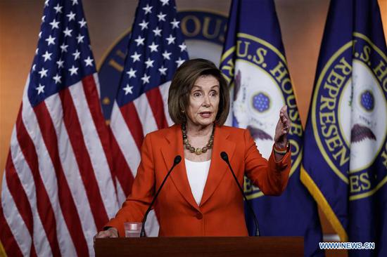 U.S. House Speaker Nancy Pelosi speaks during a press conference on Capitol Hill in Washington D.C., the United States, on Oct. 31, 2019. The U.S. House of Representatives voted on Thursday to approve a resolution designed to formalize proceedings of an impeachment inquiry into President Donald Trump. (Photo by Ting Shen/Xinhua)