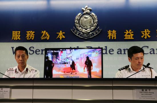 Hong Kong police at a press briefing on Nov. 1 shows pictures of rioters committing violence on Halloween on Oct. 31, 2019 in Hong Kong, south China. (Xinhua)