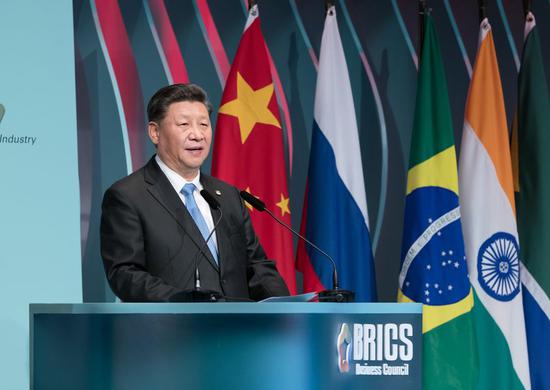 Chinese President Xi Jinping speaks at the closing ceremony of the BRICS business forum in Brasilia, Brazil, Nov. 13, 2019. (Xinhua/Ding Haitao)