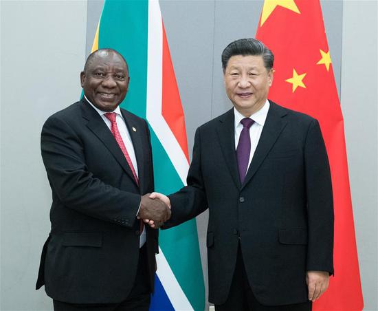 Chinese President Xi Jinping meets with South African President Cyril Ramaphosa in Brasilia, Brazil, Nov. 14, 2019. (Xinhua/Wang Ye)
