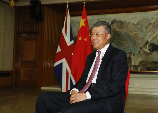 Chinese Ambassador to Britain Liu Xiaoming speaks in an interview with Xinhua in London, Britain, Sept. 11, 2019. (Xinhua/Han Yan)