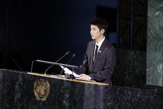 United Nations Children's Fund (UNICEF) Goodwill Ambassador Wang Yuan addresses a high-level meeting on the occasion of the 30th anniversary of the adoption of the Convention on the Rights of the Child (CRC), at the UN headquarters in New York, on Nov. 20, 2019. (Xinhua/Li Muzi)