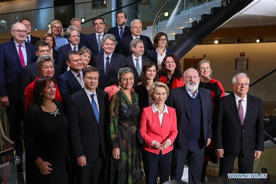 Ursula von der Leyen (3rd R, front), President-elect of European Commission, poses for a group photo with the new College of Commissioners at the headquarters of European Parliament in Strasbourg, France, Nov. 27, 2019. A new European Commission with Germany's Ursula von der Leyen as its first female president was approved by the European Parliament here on Wednesday. (Xinhua/Zhang Cheng) 