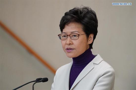 Chief Executive of China's Hong Kong Special Administrative Region (HKSAR) Carrie Lam speaks during a press conference in Hong Kong, south China, Dec. 3, 2019. Chief Executive of China's Hong Kong Special Administrative Region (HKSAR) Carrie Lam said Tuesday that more relief measures will be rolled out soon to help businesses and residents weather out economic hardship, following three rounds of such policies adopted during the past months. (Xinhua/Lui Siu Wai)
