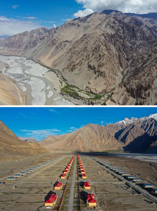 Combo aerial photo shows locals' place of residence before relocation on July 8, 2019 (top) and a resettlement housing site for locals on July 4, 2019 (bottom) in Tajik Autonomous County of Taxkorgan, northwest China's Xinjiang Uygur Autonomous Region. (Xinhua/Hu Huhu)