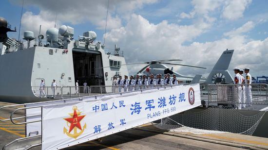 Chinese missile frigate Weifang is seen at the port of Mombasa, Kenya, Dec. 8, 2019.(Xinhua/Li Yan)