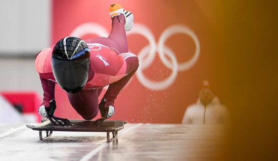 Olympic athelete from Russia Nikita Tregubov competes in the men's skeleton at 2018 PyeongChang Winter Olympic Games at Olympic Sliding Centre, PyeongChang, South Korea, Feb. 15, 2018. (Xinhua/Wang Haofei)