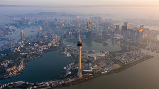 Aerial photo taken on Nov. 18, 2019 shows the Macao Tower, Sai Van Lake and Nam Van Lake in south China's Macao. (Xinhua/Cheong Kam Ka)