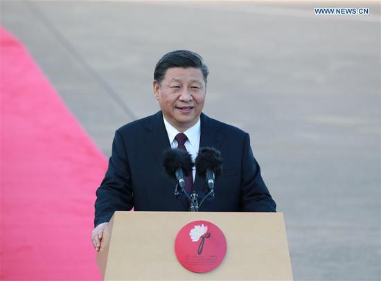 Chinese President Xi Jinping, also general secretary of the Communist Party of China Central Committee and chairman of the Central Military Commission, delivers an important speech after landing at Macao International Airport in Macao, south China, Dec. 18, 2019.  (Xinhua/Pang Xinglei)