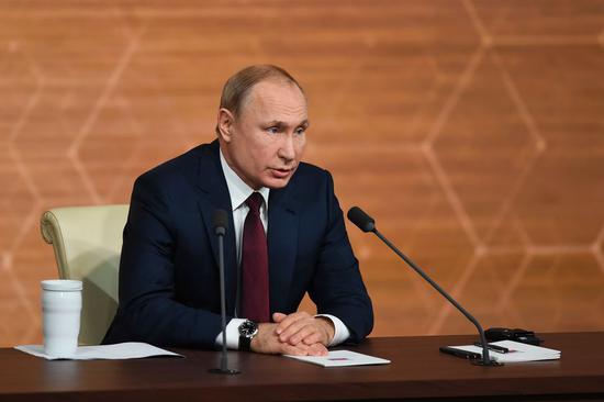 Russian President Vladimir Putin speaks at his annual press conference in Moscow, Russia, Dec. 19, 2019. (Xinhua/Evgeny Sinitsyn)