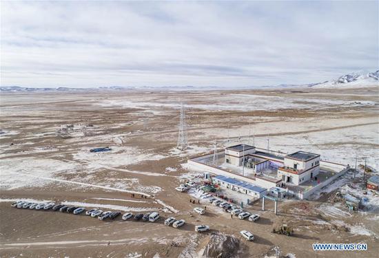 Aerial photo taken on Dec. 24, 2019 shows a 110 kV power transmission station in Tsonyi County, Nagqu City, southwest China's Tibet Autonomous Region.  (Xinhua/Sun Fei)