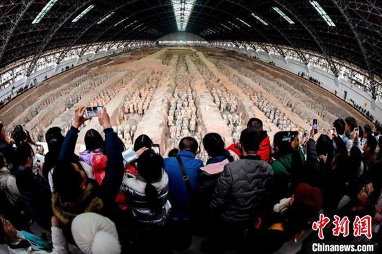 Tourists visit the Emperor Qinshihuang's Mausoleum Site Museum in Xi'an, Shaanxi Province, Jan. 1, 2020.  (Photo/China News Service)