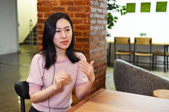 Founder of offerbang.io Lindsay Zou speaks in an interview with Xinhua in New York, the United States, on Dec. 11, 2019. (Xinhua/Li Rui)