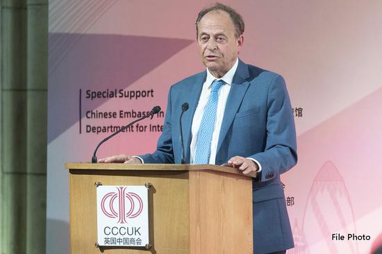 Chairman of the 48 Group Club Stephen Perry addresses the 2nd China-UK Economic and Trade Forum in London, Britain, June 26, 2019.(Xinhua/Ray Tang)