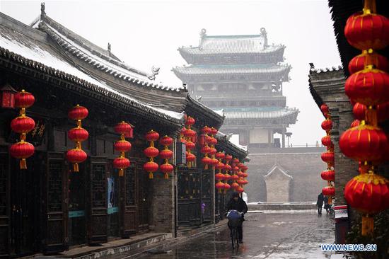Snow scenery of Pingyao Ancient City in N China's Shanxi