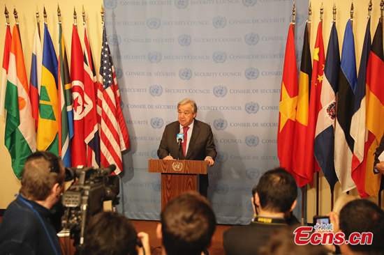 United Nations Secretary-General António Guterres speaks at a noon stakeout for reporters at the UN headquarters in New York, Jan. 6, 2020. (Photo: China News Service/Wang Fan)