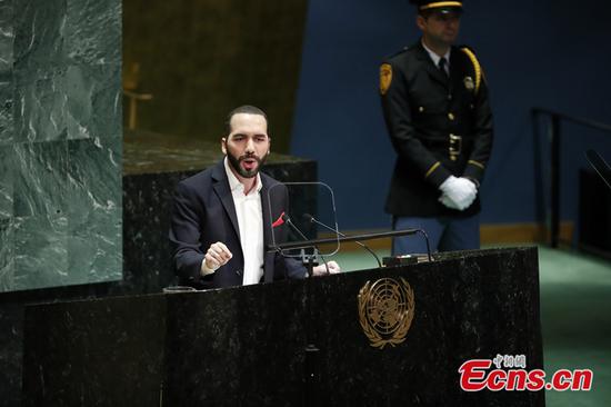 El Salvador's President Nayib Bukele delivers a speech at the UN General Assembly in New York, Sept. 26, 2019. (Photo: China News Service/Wang Fan)