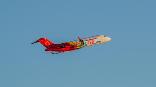 An ARJ21 aircraft operated by Chengdu Airlines takes off from Harbin, Heilong Province, to Vladivostok of Russia on Oct. 26, 2019. (Photo/ China Daily)