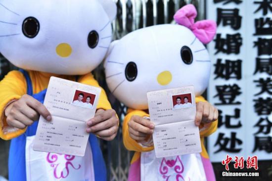 A couple dressing up as cartoon characters shows their marriage certificates. (File photo/China News Service)