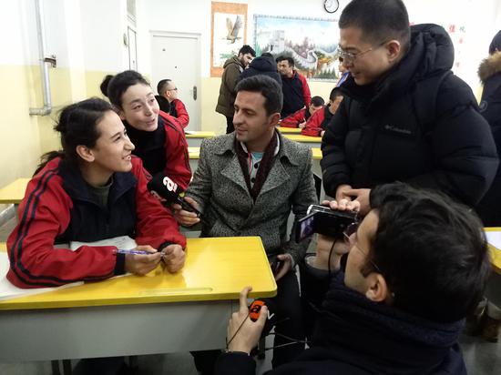 Foreign journalists interview students at Kashgar vocational education and training center in Kashgar, northwest China's Xinjiang Uygur Autonomous Region, January 13, 2019. (Photo/Xinhua)