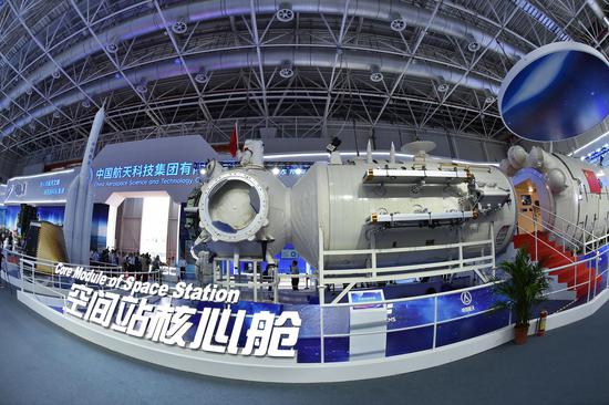 Photo taken on Nov. 5, 2018 shows a full-size model of the core module of China's space station Tianhe exhibited at the 12th China International Aviation and Aerospace Exhibition (Airshow China) in Zhuhai, south China's Guangdong Province. (Xinhua/Liang Xu)