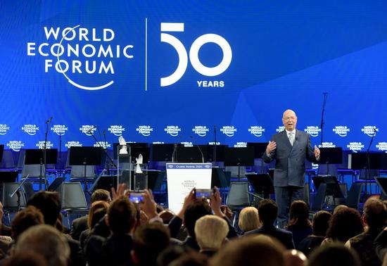 Klaus Schwab, founder and executive chairman of the World Economic Forum (WEF), speaks at the Celebration of the 50th Anniversary of WEF in Davos, Switzerland, Jan. 20, 2020.(Xinhua/Guo Chen)