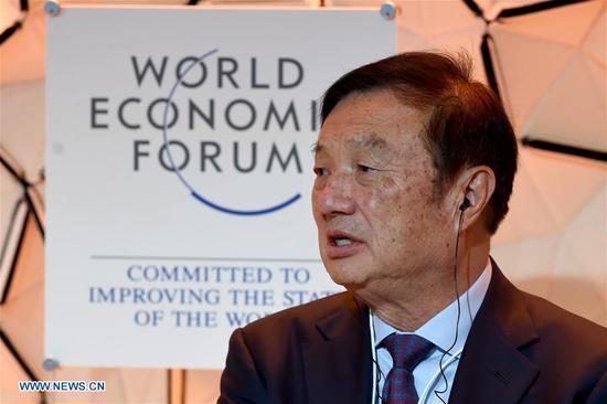 Huawei founder and CEO Ren Zhengfei speaks at a panel discussion during the annual meeting of the World Economic Forum in Davos, Switzerland, Jan. 21, 2020.   (Xinhua/Guo Chen)