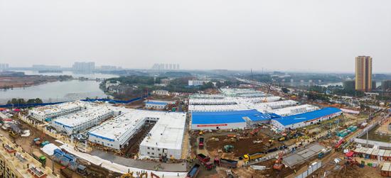 An aerial view of Huoshenshan, a makeshift hospital specializing in novel coronavirus treatment, in Wuhan, Feb 2, 2020. (China Daily/Shi Yi)